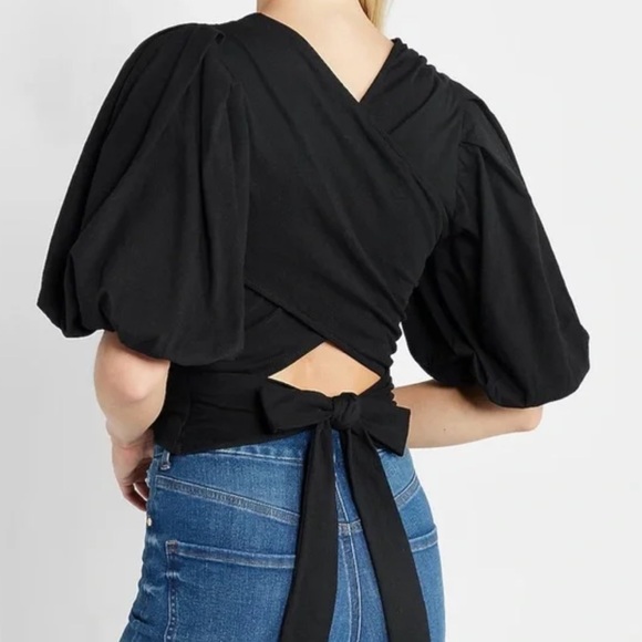 Express Black Short Puff Sleeve Tie Back Top Size XS Cotton Blouse NEW - Picture 1 of 5